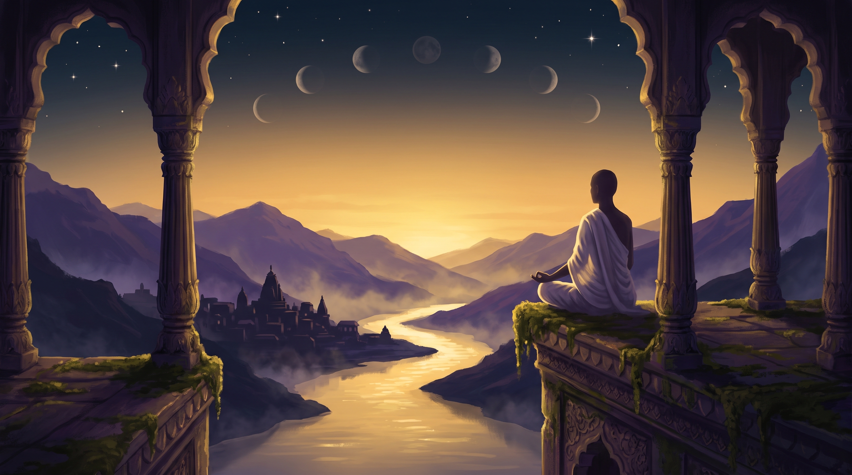 A seeker meditating on an ancient temple balcony overlooking a golden sunrise valley