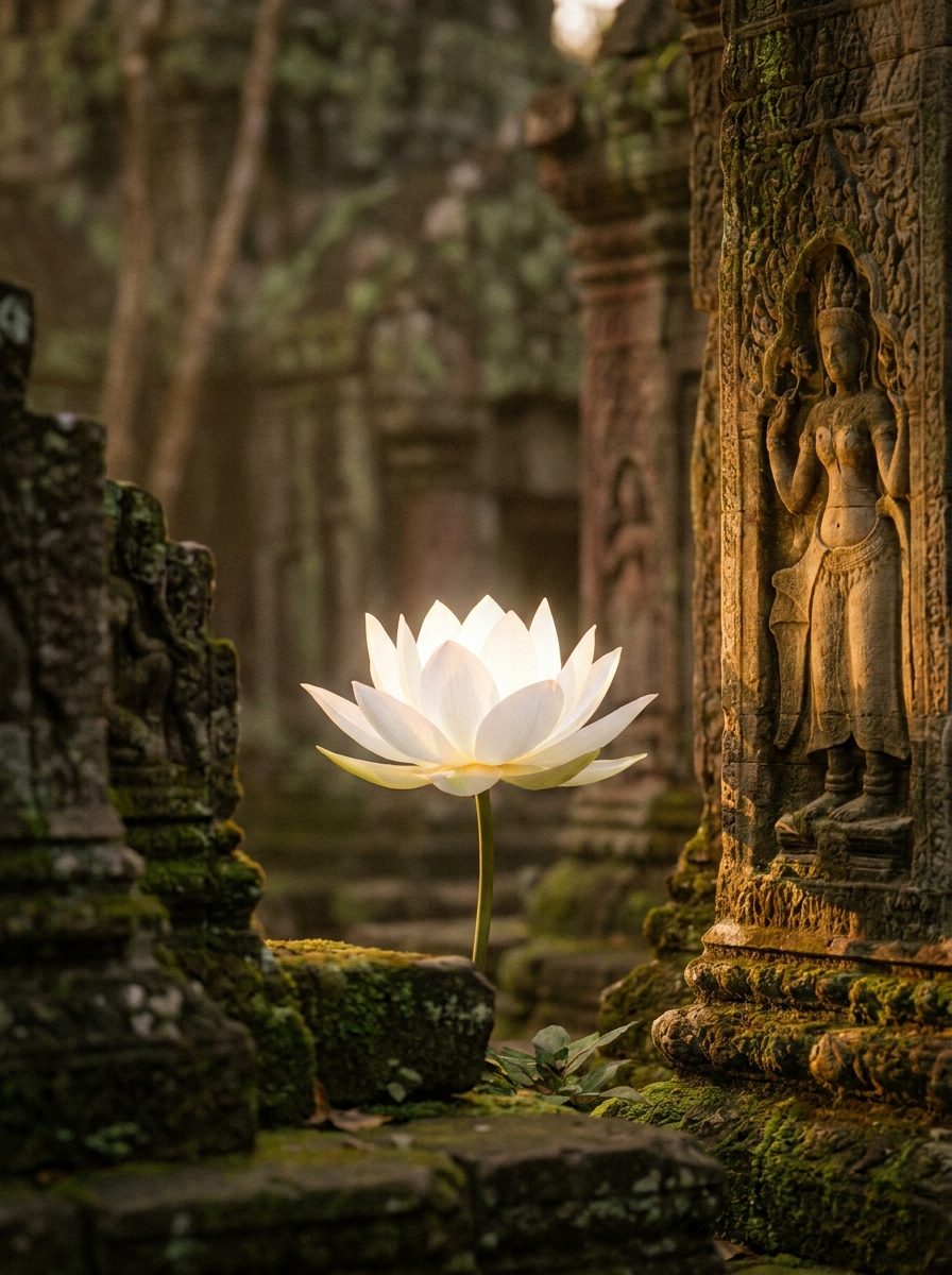 A single white lotus blooming beside ancient stone, symbol of awakening